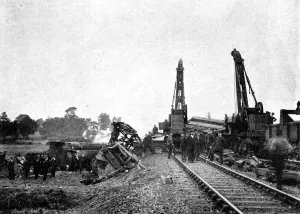 Accident Prints: The wreck of the Flying Welshman near Llanelly. Cranes emplo