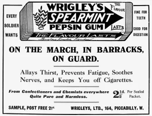 Confectionery Prints: Wrigleys Spearmint gum advertisement, WW1