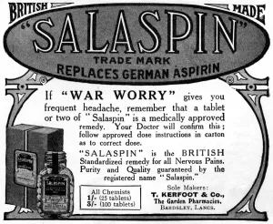 Medicine Prints: WW1 advertisement for Salaspin replacing German aspirin