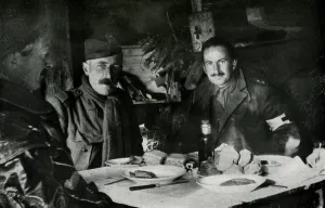 Eating Prints: WW1 - British officers at their meal in a trench-shelter