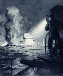 Dutch Prints: WW1 - HMS Badger rams U-19 German Navy U-Boat, 1914