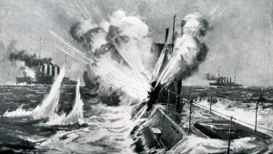 Fair Prints: WW1 - HMS Birmingham sinking the German U-15 U-Boat