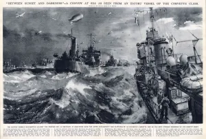 Wwii Prints: WW2 - Atlantic Convoy at sea as seen from an escort Corvette