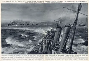 Wwii Prints: WW2 - Destroyer escorting large convoy - Atlantic