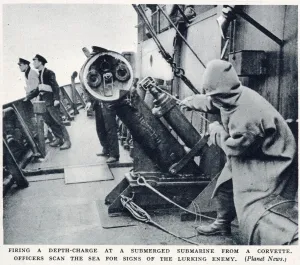 Wwii Prints: WW2 - Firing a depth charge at a u-boat from a corvette