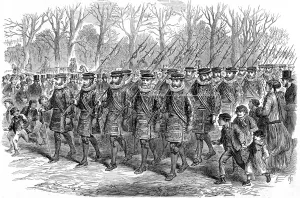 1869 Prints: Yeomen of the Guard marching through London, 1869