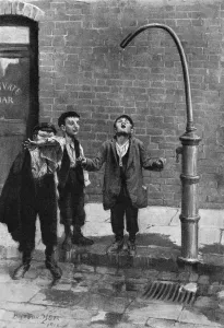 Boys Prints: Young boys quench their thirst at a water tap