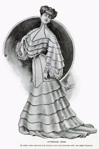 Frocks Prints: Young Edwardian lady wearing a fashionable frock, with white cloth adorned with hairpin