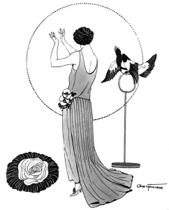 Satin Prints: Young lady showing the double train of a Paul Caret gown