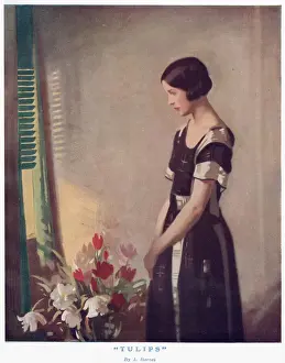 Standing Prints: A young woman stands beside a vase of tulips contemplating the summer light filtering