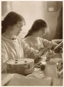 Works Prints: Young women painting plates, this would of been done in several stages. Date: 1913
