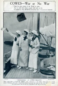 Buttons Prints: Three young women on a yacht at Cowes, Isle of Wight