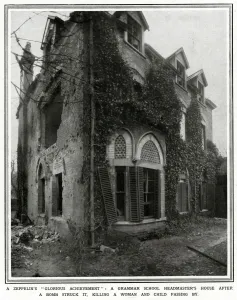 Bomb Prints: Zeppelin raid on a Grammar School 1916