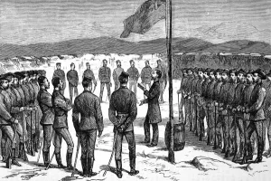 July Prints: The Zulu war. Fort Bengough. Church Parade of officers and n