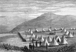 July Prints: The Zulu war. Sir Garnet Wolseleys camp at Ulundi. Zulus co