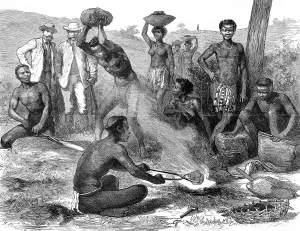 July Prints: The Zulu wars. A Zulu blacksmith forging an assegai